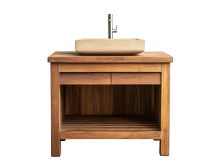 Wooden vanity with stone basin sink