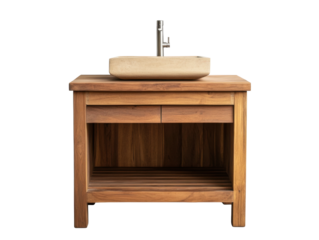 Wooden vanity with stone basin sink
