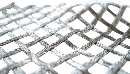 Close-up of intertwined white ropes, forming a woven grid pattern