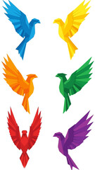 Obraz premium Colorful Origami Birds Set - Geometric Design, Flying Phoenix Style Icons