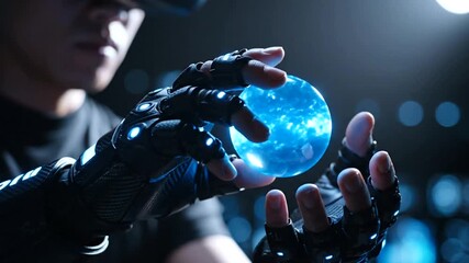 Futuristic virtual reality user manipulating glowing orb in tech-filled space