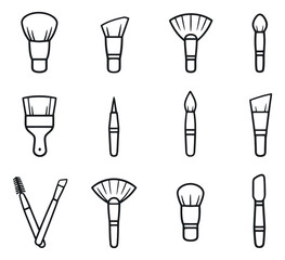 Hand drawn line art makeup brush icon set featuring different cosmetic applicators and tools for beauty and personal care designs