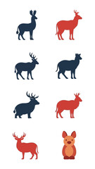 Fototapeta premium Deer Silhouette Collection: Forest Animals Graphics | Red and Blue Vector Icons