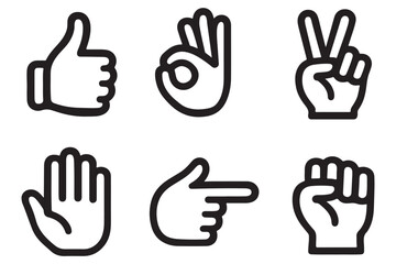 Hand gesture outline icon set &ndash; thumbs up, thumbs down, finger heart, peace sign, raised palm stop, fist bump, pointing finger, OK sign, clap hands, clenched fist emoji symbols