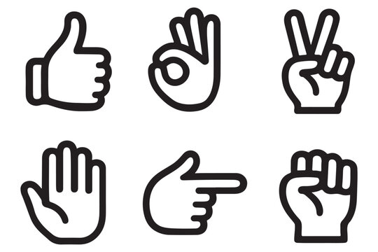 Hand gesture outline icon set &ndash; thumbs up, thumbs down, finger heart, peace sign, raised palm stop, fist bump, pointing finger, OK sign, clap hands, clenched fist emoji symbols