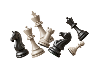 Strategically Arranged Black And White Chess Pieces On Transparent Background