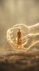 Fototapeta premium Translucent hands holding a human figure, symbolizing divine protection and the creation of man from dust. Genesis creation concept.