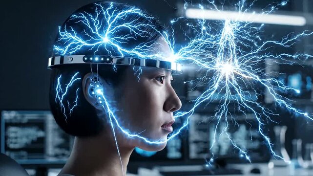 Futuristic woman with brain-computer interface experiencing energy surge