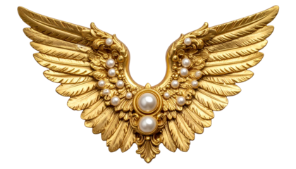 Golden ornamental wings, embellished with pearls, against a black background