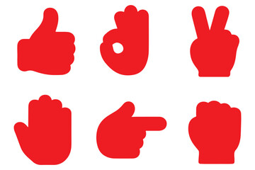 Hand gestures vector icons set. Like, dislike, love, peace, rock and wave signs. Thumbs up, heart, victory, fist and clap hands silhouette. Communication symbols. 