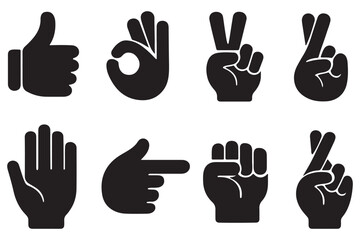 Obraz premium Hand gesture outline icon set – thumbs up, thumbs down, finger heart, peace sign, raised palm stop, fist bump, pointing finger, OK sign, clap hands, clenched fist emoji symbols