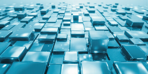 Fototapeta premium Abstract Blue Glass Cubes Background A close-up, slightly angled view of a surface covered in reflective blue glass cubes, catching