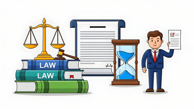a professional lawyer holding a gavel near balanced scales of justice, vintage law books, a time-tracking hourglass, and signed legal documents on a desk.