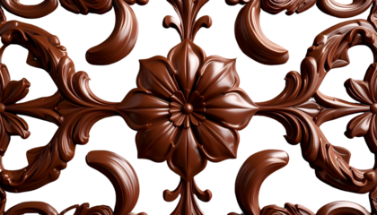 Intricate chocolate-brown floral pattern against a stark black backdrop