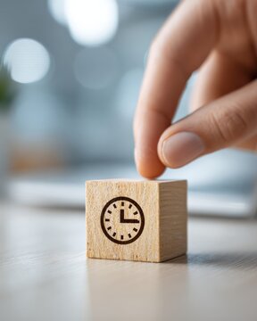 Human finger placing a wooden block with a clock icon symbolizing time management and scheduling.