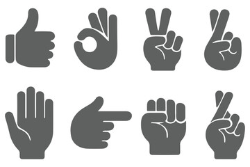 Fototapeta premium Hand gestures vector icons set. Like, dislike, love, peace, rock and wave signs. Thumbs up, heart, victory, fist and clap hands silhouette. Communication symbols. 