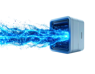 A glowing data stream emerging from a futuristic, blue-lit device