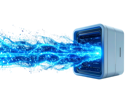 A glowing data stream emerging from a futuristic, blue-lit device - Powered by Adobe