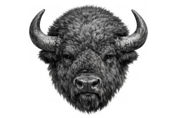 American bison head illustration depicting power and strength, focused bull face with horns, transparent background