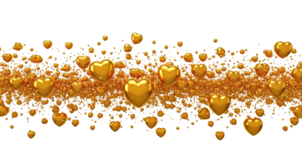 Highly polished, three-dimensional gold foil heart shapes and small dots densely packed in a dynamic, horizontal wave flow on a transparent background. Concept of luxury and romance