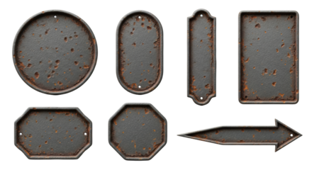 eight severely weathered, antique cast iron signs, dark gray and deep orange rust, blank templates, against a transparent studio background with copy space, showcasing aged industrial asset mockups