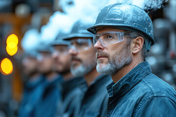 A focused worker in safety gear stands prominently among a line of others, showcasing dedication in a steamy industrial environment.