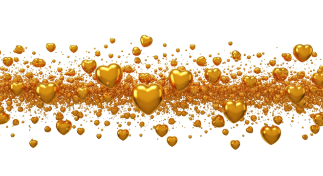 Highly polished, three-dimensional gold foil heart shapes and small dots densely packed in a dynamic, horizontal wave flow on a transparent background. Concept of luxury and romance - Powered by Adobe