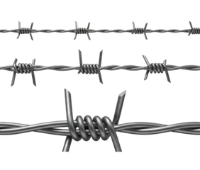 Steel Barbed Wire in Close-Up on Transparent Background Highlighting Sharp Twisted Metal