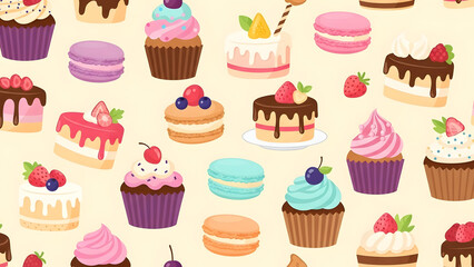 Seamless flat vector pattern featuring adorable sweet dessert such as delicious cupcake tasty macaron and frosted cake in a solid pastel color palette for bakery wallpaper design backdrops.
