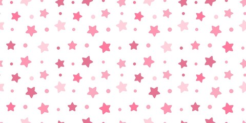 Seamless pattern of cute pink stars and polka dots on a white background. Hand-drawn style celestial wallpaper for nursery, baby shower, textile, and gift wrapping design.