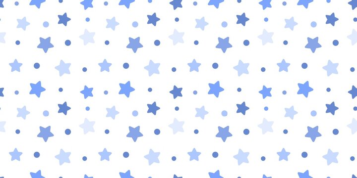 Seamless pattern with cute hand-drawn blue stars and dots on a white background. Simple nursery pastel wallpaper for baby boy fabric, wrapping paper, and textile design. Minimalist celestial backdrop.