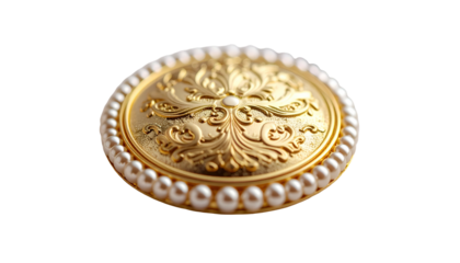 Ornate golden medallion brooch with floral design and pearl border