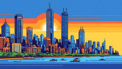 Obraz premium Flat vector illustration of Mumbai city skyline featuring dense coastal skyscrapers and urban silhouette in solid strong colors with no gradients showcasing iconic Indian architecture design.