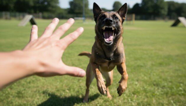 Aggressive Belgian Malinois dog lunges forward, teeth bared, directed toward a reaching human hand.