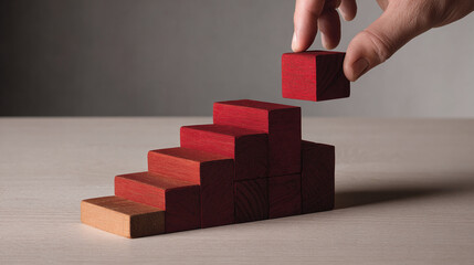 A hand placing a red block on a staircase made of blocks, symbolizing growth and progress