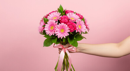 Photo of cropped man arm hold big bright decorated bunch giving girlfriend valentine day romance gift present bouquet composition isolated pink color background