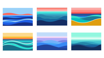 Obraz premium Abstract Ocean Waves and Sunset Landscapes Set - Modern Flat Design