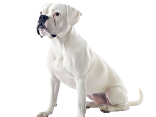 White boxer dog sitting, isolated on transparent