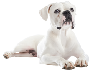 White boxer dog lying down isolated