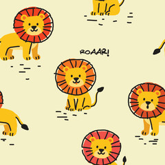 Cute Hand-Drawn Lion Roar Seamless Pattern for Kids © atap