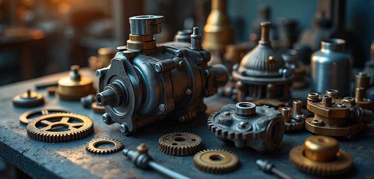 Metal gears and engine parts sit on a mechanic workbench surface. Assortment of industrial components and machine parts are ready for assembly or repair.