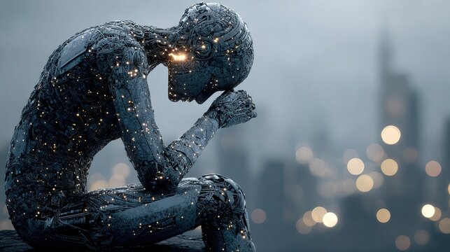 Detailed Robotic Thinker Sculpture in Deep Contemplation Against Blurred Urban Backdrop