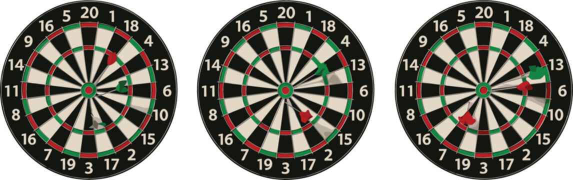 Professional dartboard vector set with colorful darts hitting the target bullseye for business goals, success, competition, and achievement concepts