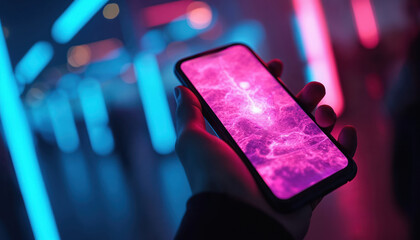 Hand holds smartphone with glowing pink abstract wallpaper. Blue and pink neon lights create futuristic atmosphere. Device connects to digital world.