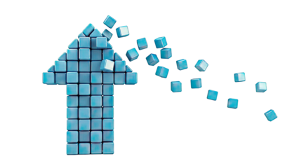 Arrow made of blue cubes with scattered cubes