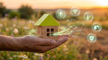 Hand Holding Small Wooden House with Smart Home Icons in Nature