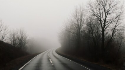 Eerie Road Through Foggy Landscape with Bare Trees.