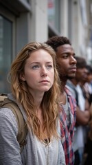 A group of people standing in a line outside of a building
