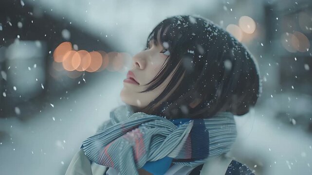 マフラーを巻き雪の中で澄んだ瞳を見せる日本人女性