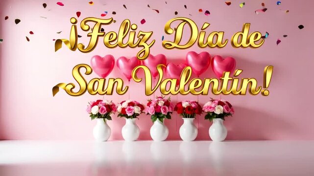 white vases with rose bouquets and pink heart balloons with feliz dia de san valentin spanish text and confetti